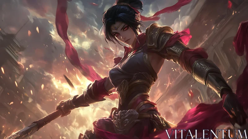 Armored fantasy warrior with spear amid burning sky.