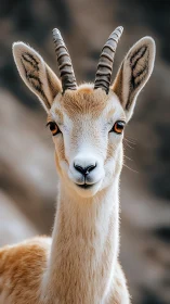 Desert gazelle portrait shows warm fur and curled horns.