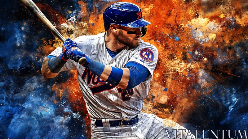 Baseball batter in mid swing against explosive color art