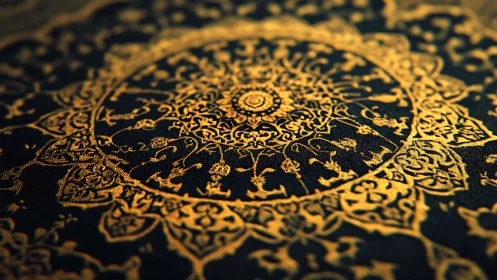 Ornate circular gold mandala pattern on dark fabric surface.