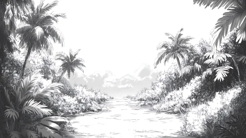 Tropical Riverside Landscape with Detailed Pencil Cross-Hatching Rendering Technique