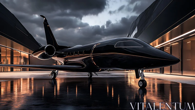 Sleek black private jet waits on wet runway at dusk