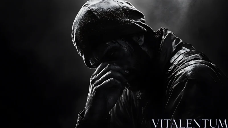 Shadowed soldier pauses as the battlefield echoes inside him