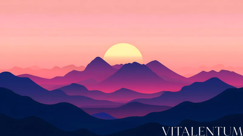 Gradient-layered mountain horizon with solar disc occlusion.