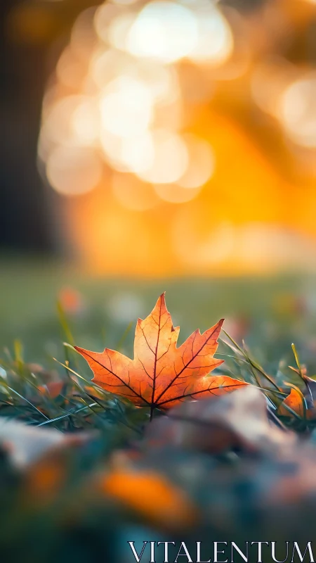 Lone maple leaf glowing in dreamy autumn bokeh field.