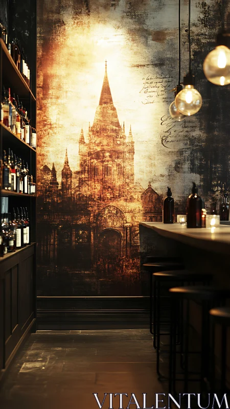 Warm bar interior with cathedral mural and bottle display.