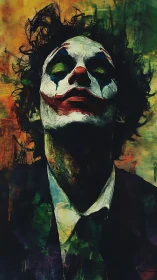 Expressionist portrait of clown-masked figure in vertical close-up