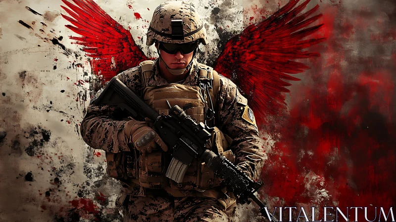 Digital warrior portrait with red angel wings backdrop.