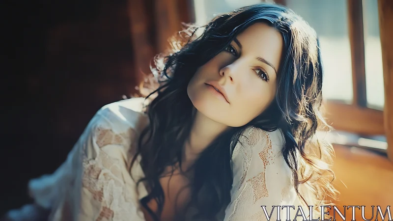 Serene woman in soft light, natural portrait with gentle tones.