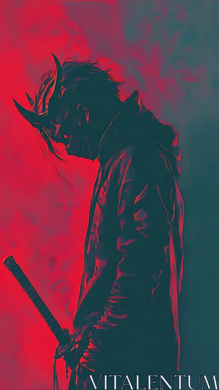 Brooding masked warrior bathed in bold crimson shadows.