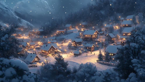Snowy mountain village glows with cozy winter lights tonight