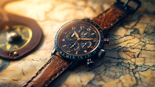 Vintage chronograph watch rests on map in warm golden light