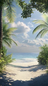Tropical Beach View Through Palm Fronds with Clear Sky