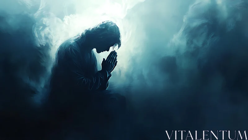 Silhouetted figure in prayer surrounded by swirling mist.