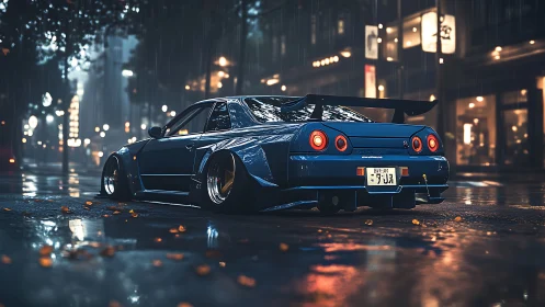 Widebody blue tuner coupe under city rain, cinematic bokeh