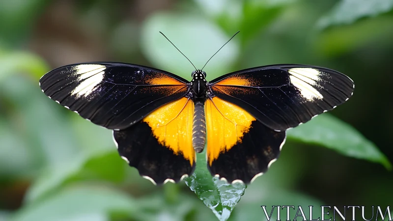 Macro study of black, orange and white butterfly on foliage