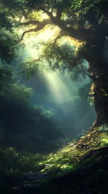 Mystical Forest Grove with Golden Light Rays Through Ancient Trees