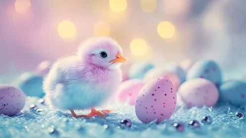 Soft pastel chick explores colorful eggs in gentle light