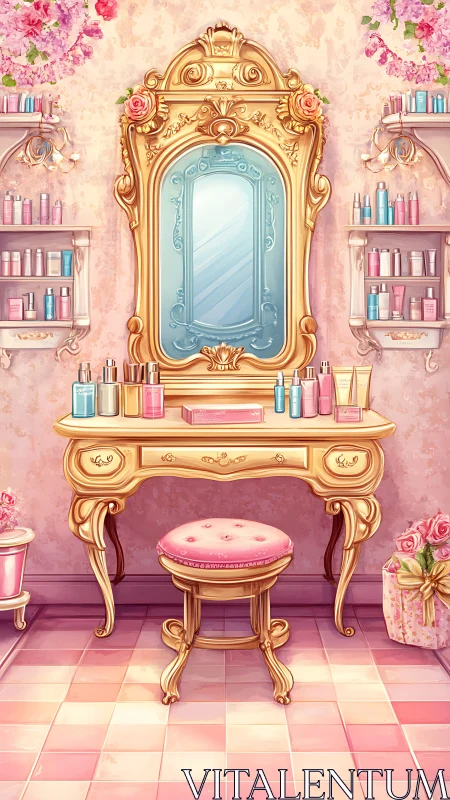 Ornate Rococo vanity with floral decor in digital painting style.