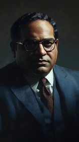 Stoic man in blue suit under dramatic studio lighting.