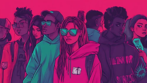 Stylized group of urban youths in neon pink and teal tones.