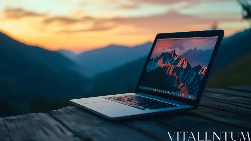 Laptop camper hums quietly against watercolor mountainscape.