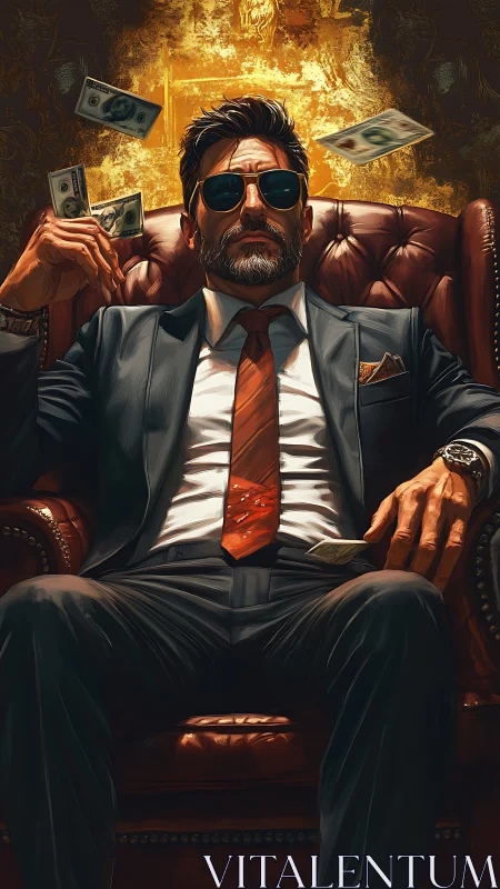 Businessman in leather armchair holds cash under golden light