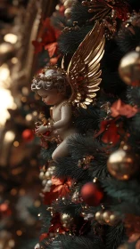 Golden angel ornament nestled in a glowing holiday tree.