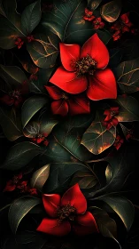 Crimson Blossoms Against Deep Teal Foliage
