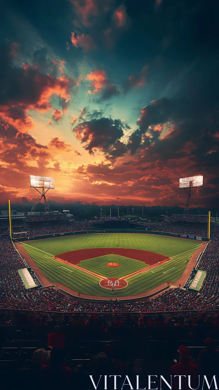 Sunset diamond under storm-painted baseball skies.