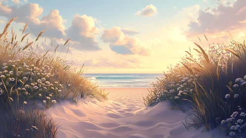 Coastal sand path through dunes toward calm sea horizon.