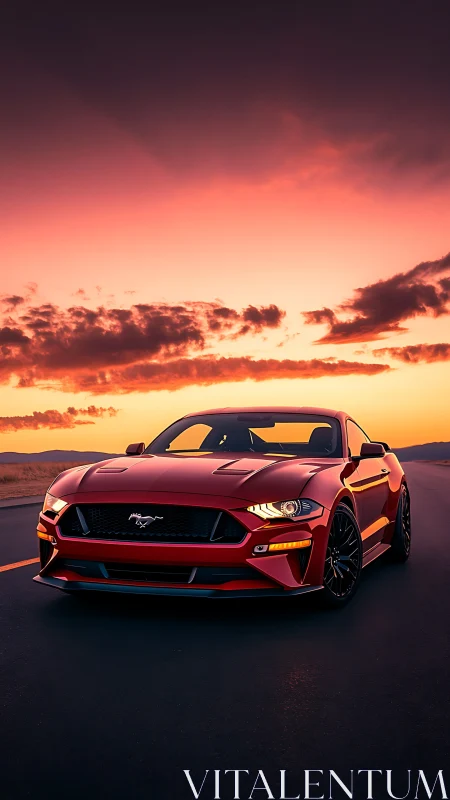Photorealistic red sports coupe under cinematic sunset sky.