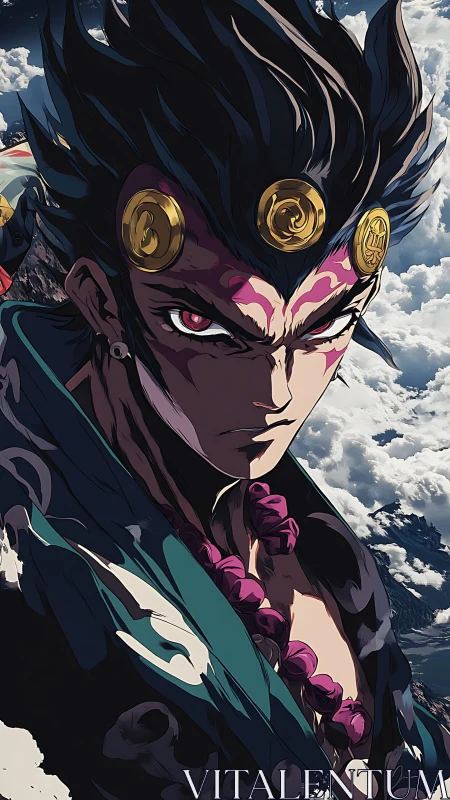 Warrior monk glares over stormlit mountain cloud sea.