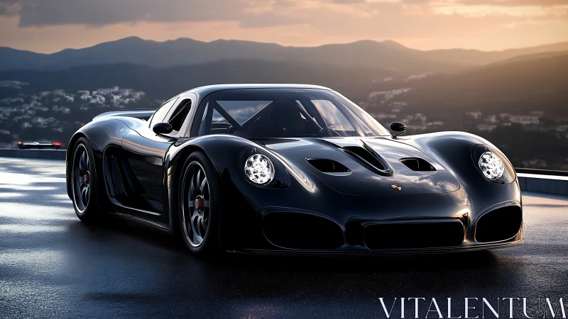 Low-angle render showcases black hypercar at sunset on wet track