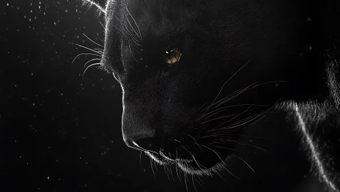 Black Cat Profile with Amber Eyes Against Dark Background