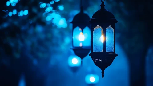 Blue nocturnal lanterns in shallow depth-of-field glow.