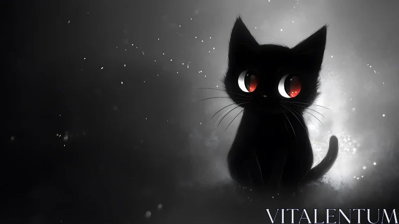Black Cat with Glowing Red Eyes in Misty Atmosphere.