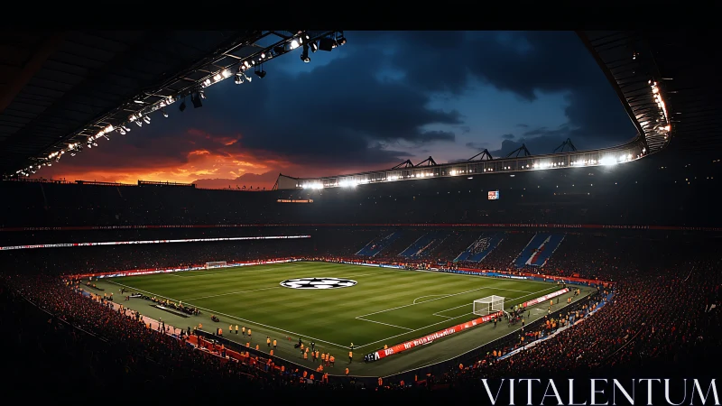 Sunset stadium buzz before a glittering European kickoff.