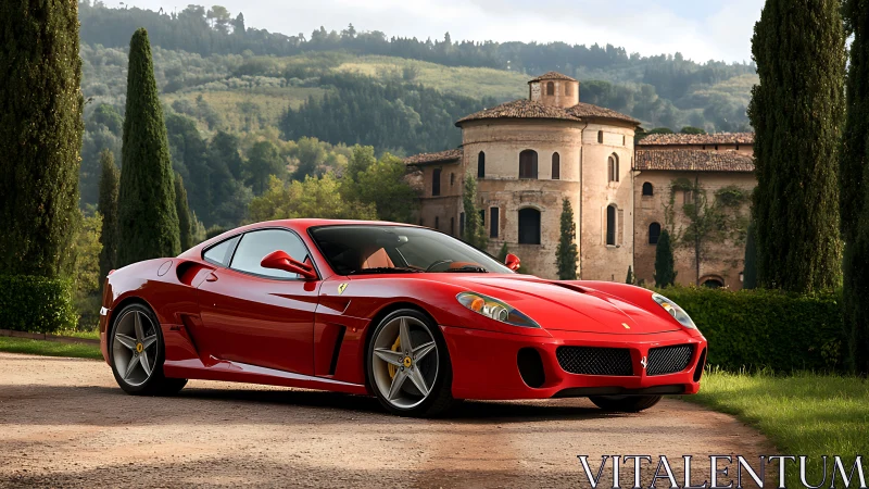 Photorealistic grand tourer before Tuscan villa, low angle framing.