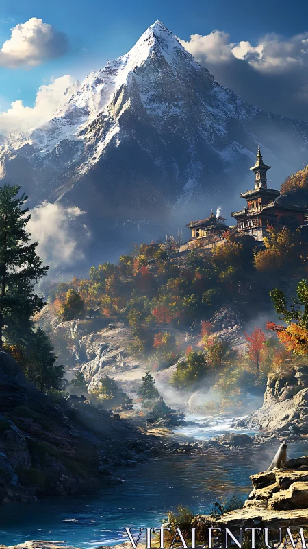 Snowcapped peak watches over autumn valley and river village.