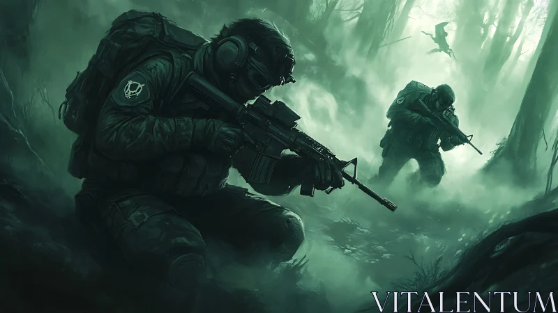 Special forces advancing through spectral forest mist.