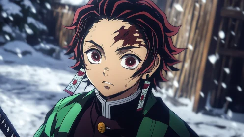 Anime swordsman with scarred forehead in snowy village
