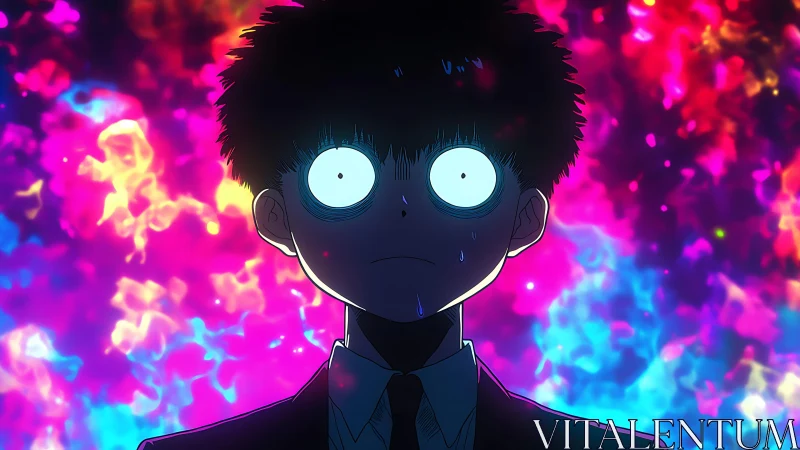 Psychic teen stands before explosive neon spectral aura.