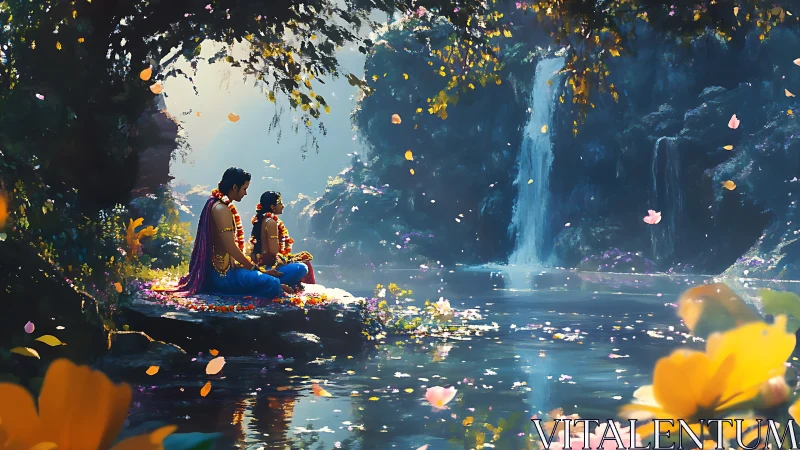 Meditative couple by waterfall in flower filled forest scene.