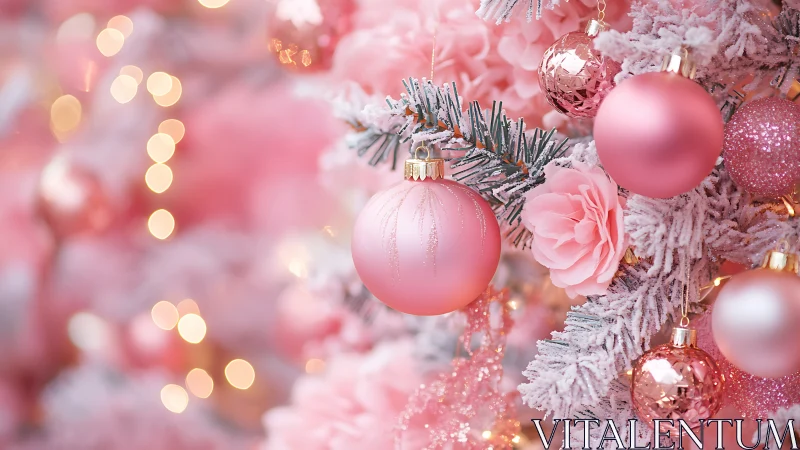 Soft pink Christmas tree with dreamy sparkling ornaments.
