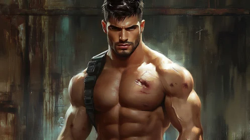 Battle-scarred muscular warrior in painterly digital chiaroscuro.