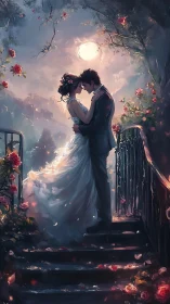 Luminous moonlit bridal embrace on rose-framed stairway.