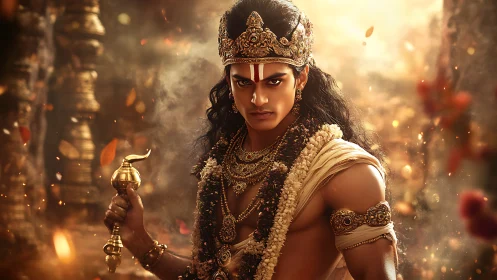 Regal warrior prince stands in golden temple light with grace