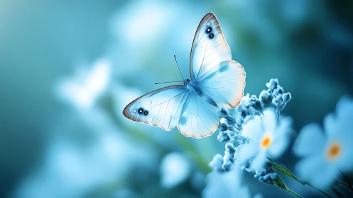 Detailed blue-toned butterfly image shows wings and floral context