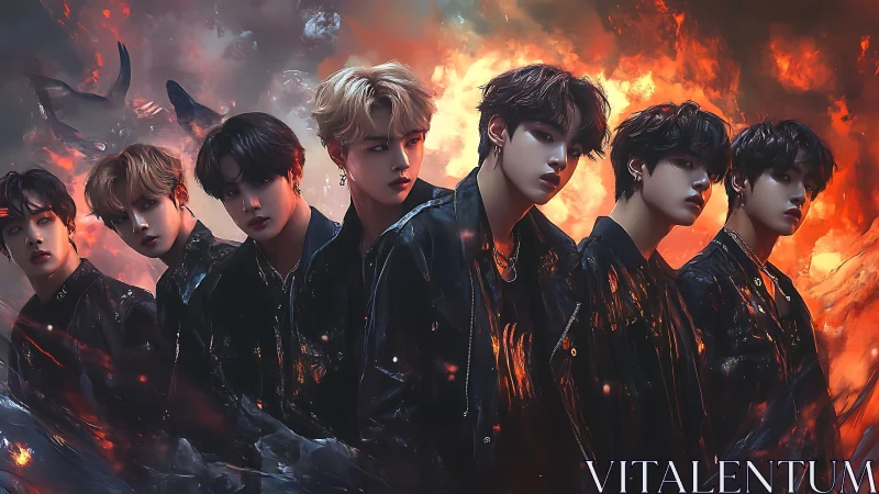 Seven young figures in dark attire before fiery clouds.